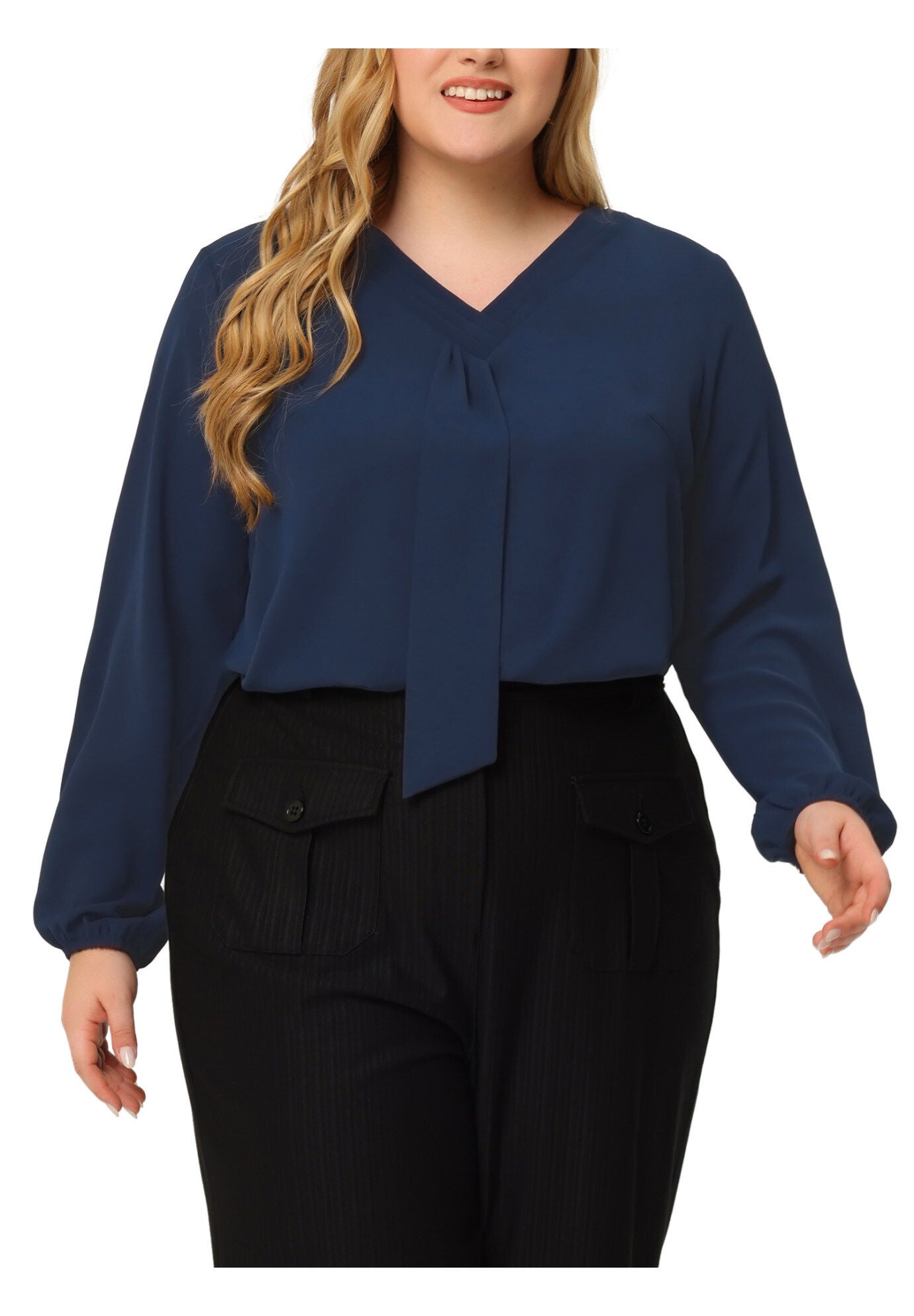 V Neck Long Sleeve Ruffle Tie Front Office Work Chiffon Blouse Top, Dark Blue / Navy, alternate image number 1