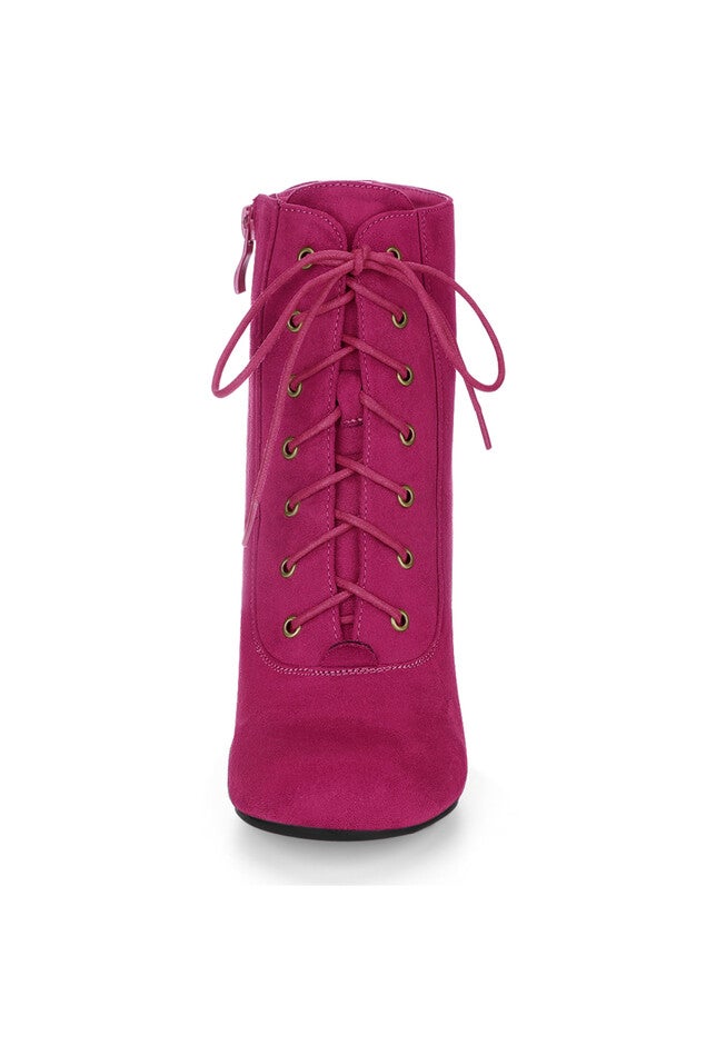 ROUND TOE CHUNKY HIGH HEEL LACE UP BOOTS, Hot Pink / Pink, alternate image number 1