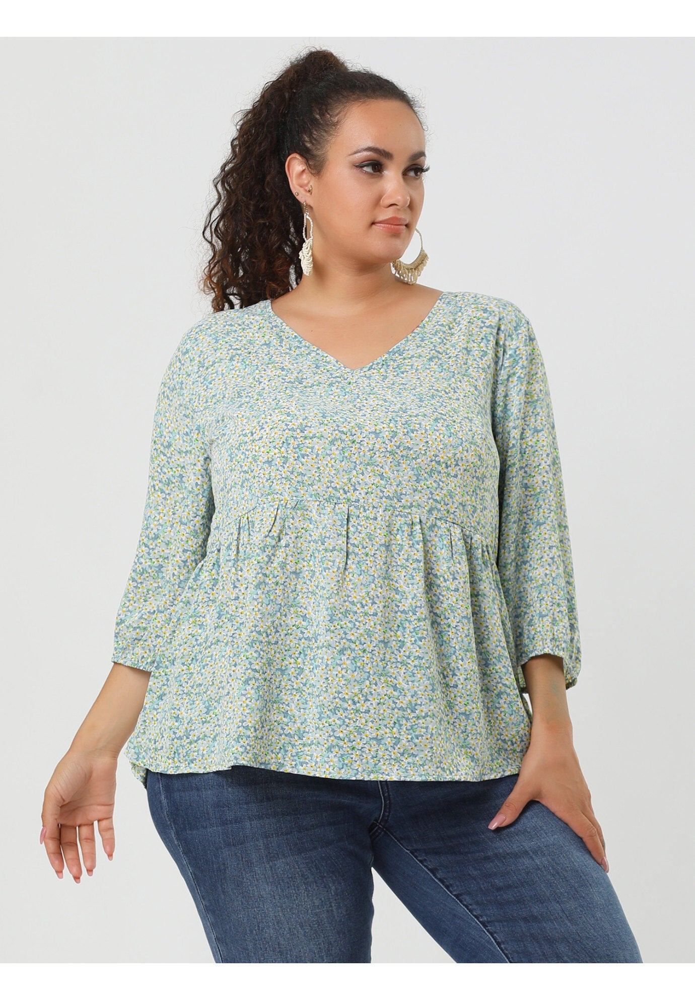 V Neck Babydoll Flowy 3/4 Lantern Sleeve Floral Blouse, Light Blue / Light Blue, hi-res image number 0