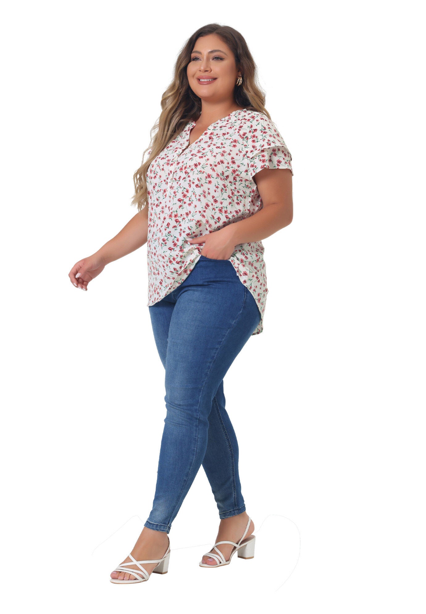 Floral Ruffle Trim V Neck Layered Sleeve Blouse, Pink White / White, hi-res image number 0