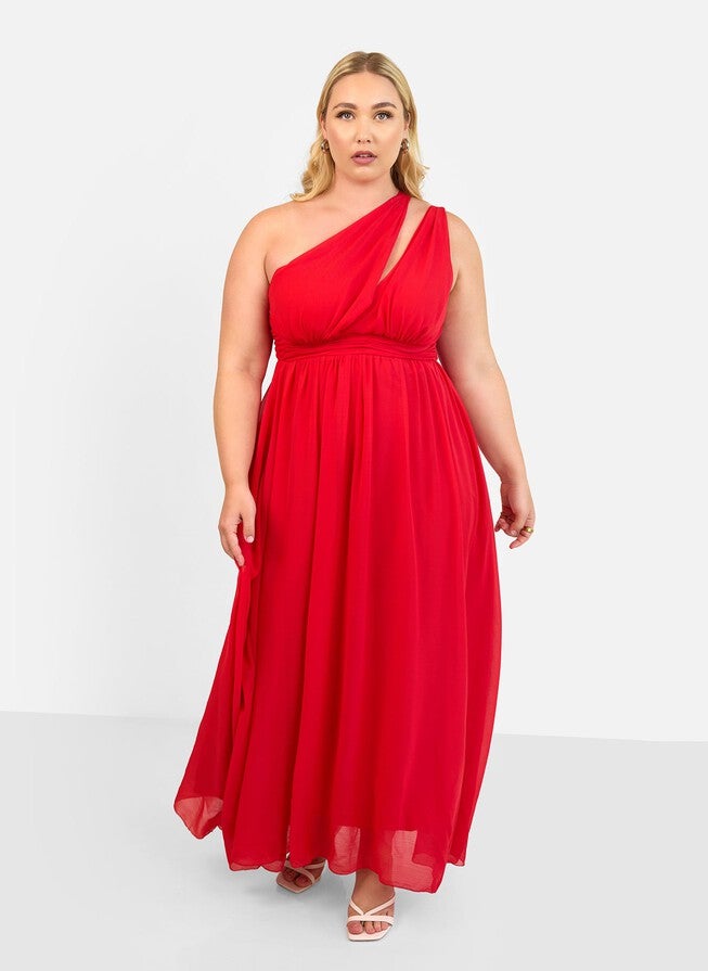 GEORGIA CHIFFON ONE SHOULDER MAXI A LINE DRESS - RED | Dia & Co GEORGIA CHIFFON ONE SHOULDER MAXI A LINE DRESS - RED | Dia & Co