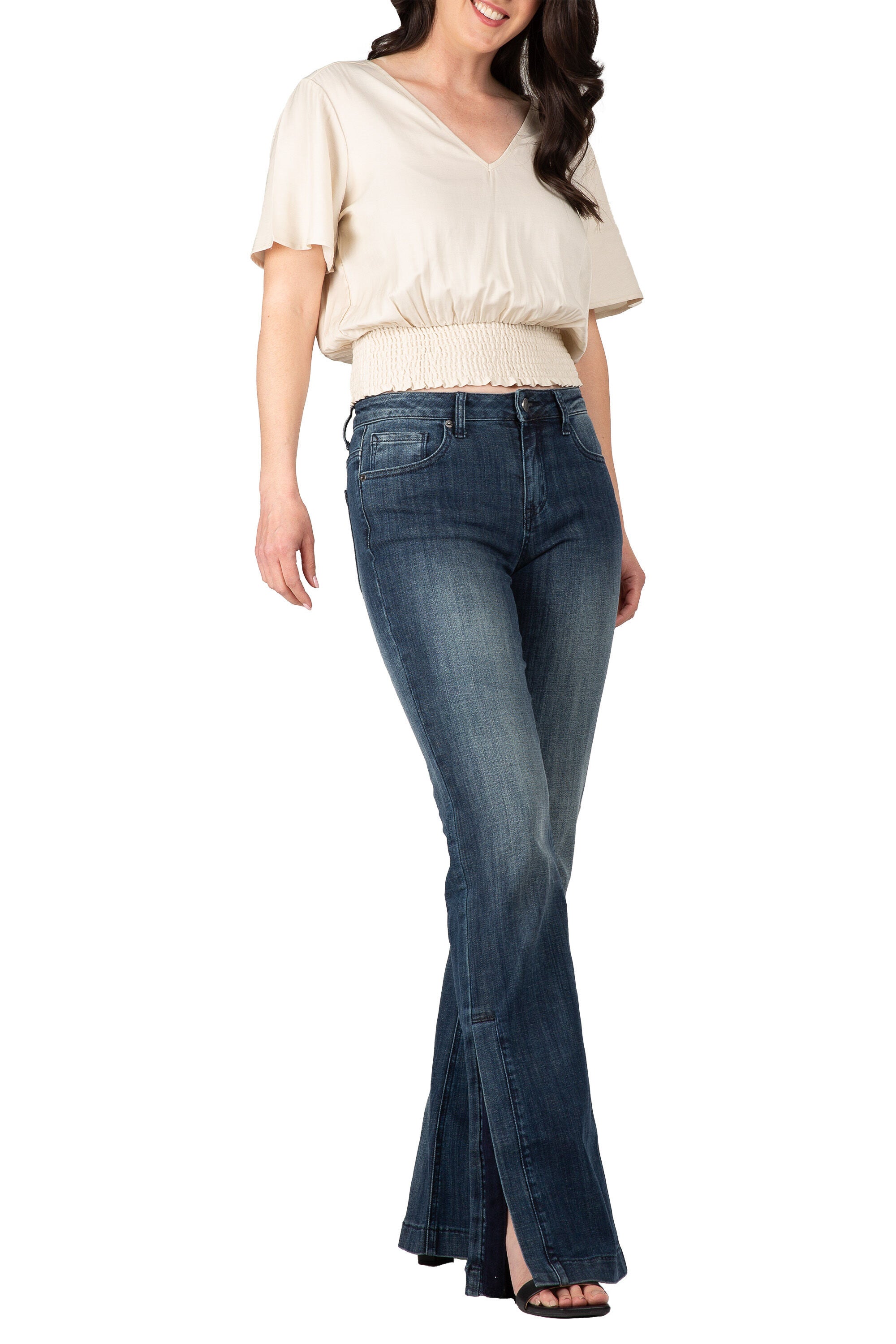 Allie Standards & Practices Women&#39;s Plus Size V Neck Short Sleeve Smocking Waist Blouse, Beige / Ivory, alternate image number 4