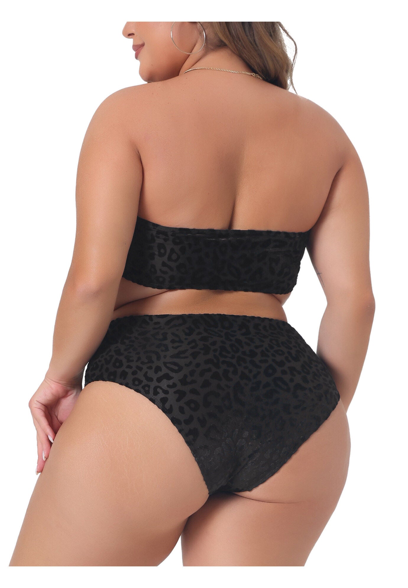 2 Piece Bandeau Bikini Velvet Leopard High Waisted Swimsuit, Black / Black, alternate image number 3