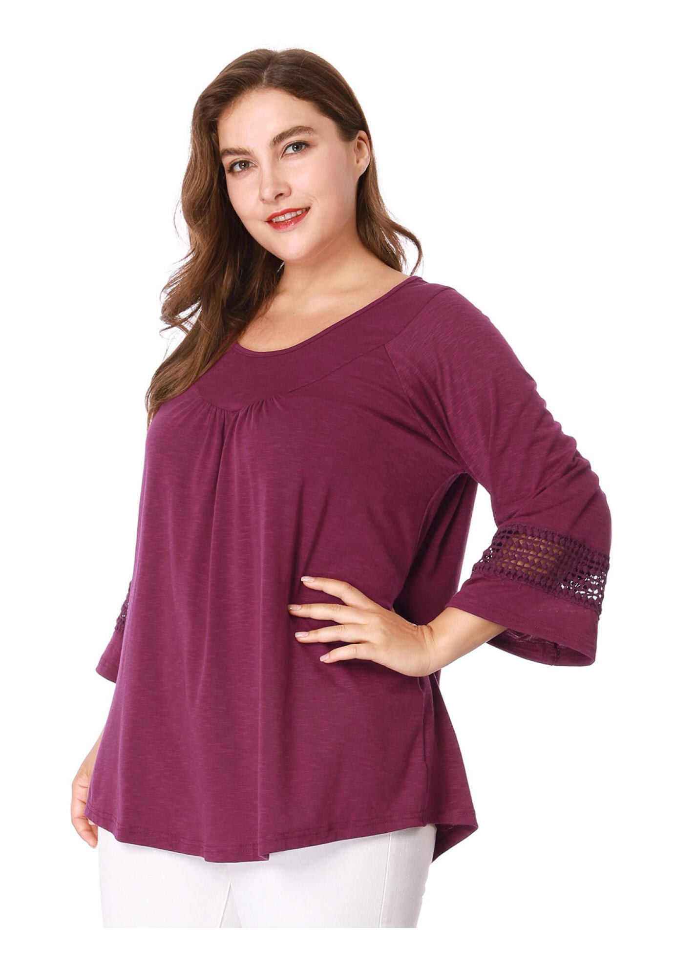 CROCHET PANEL HOLLOW OUT PLEATED TUNICS BLOUSE TOP, Purple / Purple, alternate image number 1