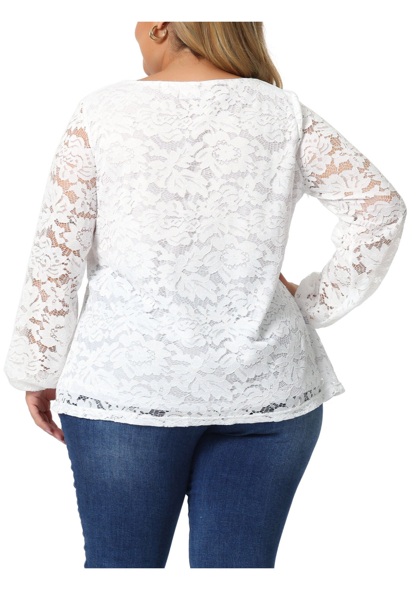 LACE BLOUSE CROSS V NECK SHEER DOUBLE LAYER LONG SLEEVE TOP, White / White, alternate image number 3