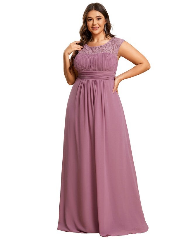 Elegant Chiffon Maxi Evening Dress with Lace Cap Sleeve, Purple Orchid / Purple, hi-res image number null