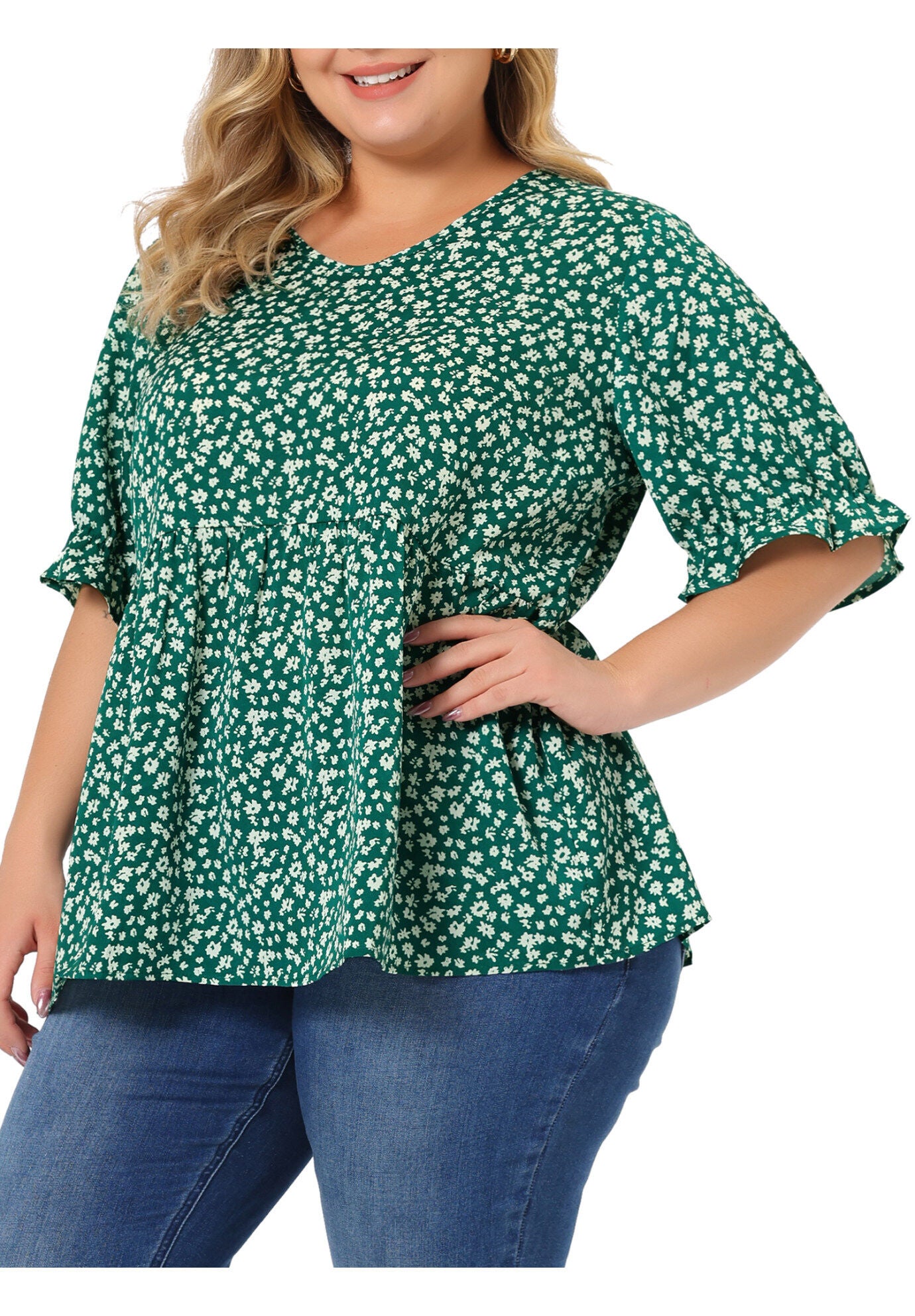 Floral Peplum Top V Neck Ruffle Short Sleeve Babydoll Blouse, Green / Kelly Green, alternate image number 1