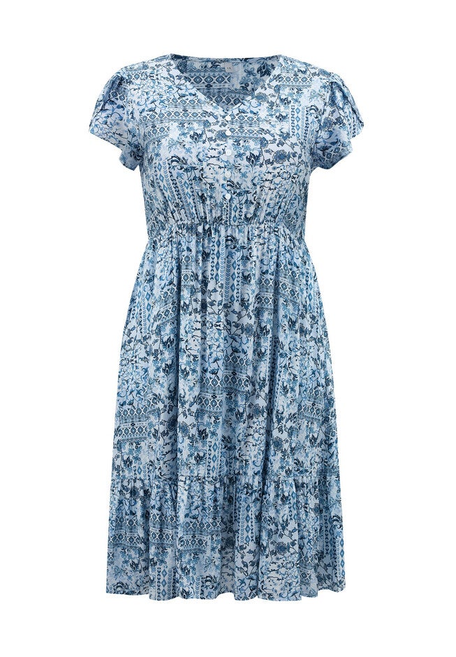 Floral Print V Neck Cap Sleeve A Line Flowy Midi Dress with Pockets, Lake Blue / Light Blue, alternate image number null