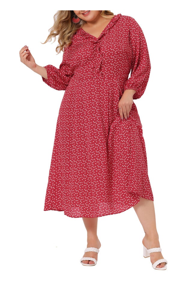 3/4 Sleeve Sweetheart Print Midi Ruffle Dress, Red / Red, alternate image number null