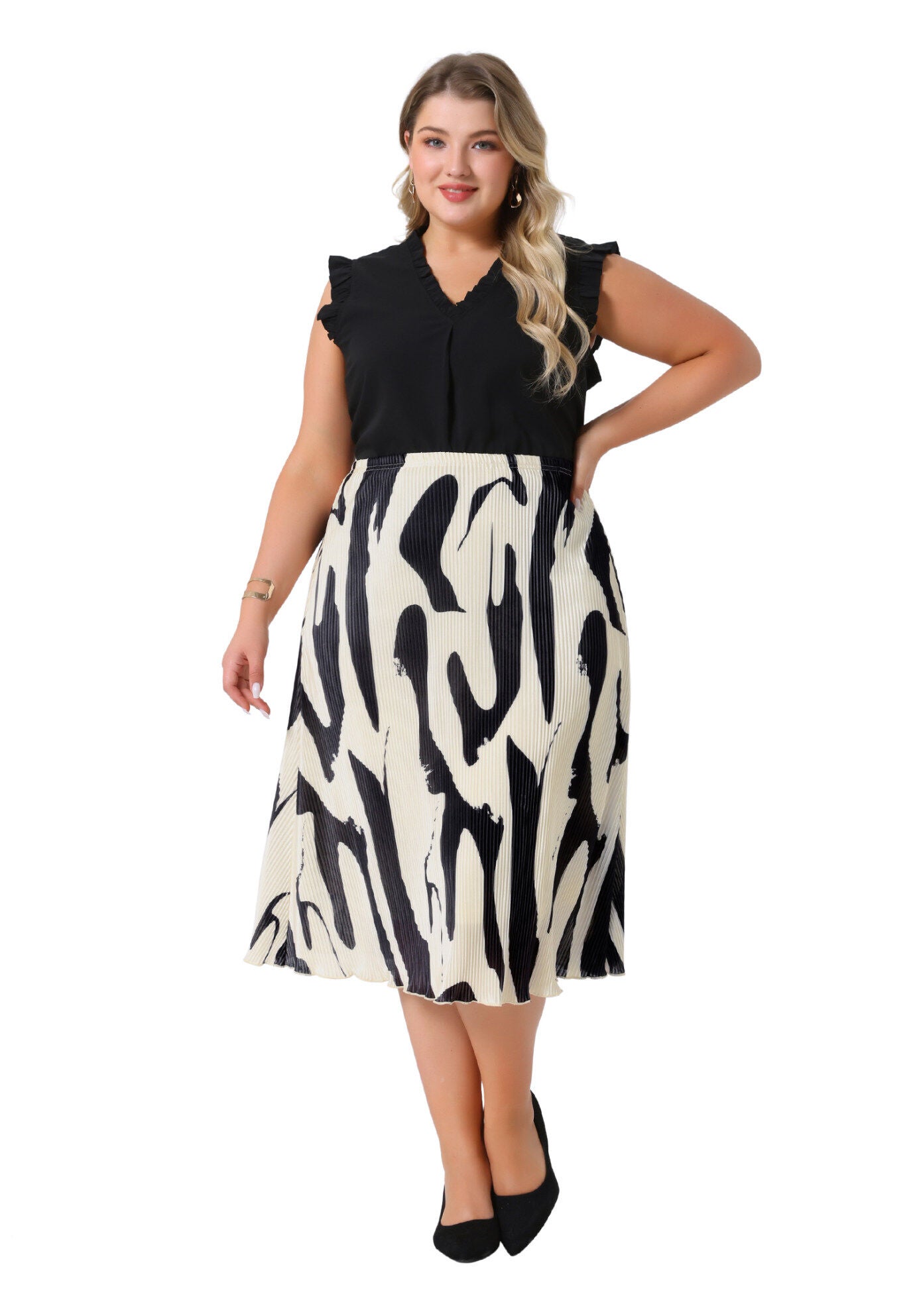 Print Pleated High Waisted A-Line Midi Skirt, Black / Black, hi-res image number 0