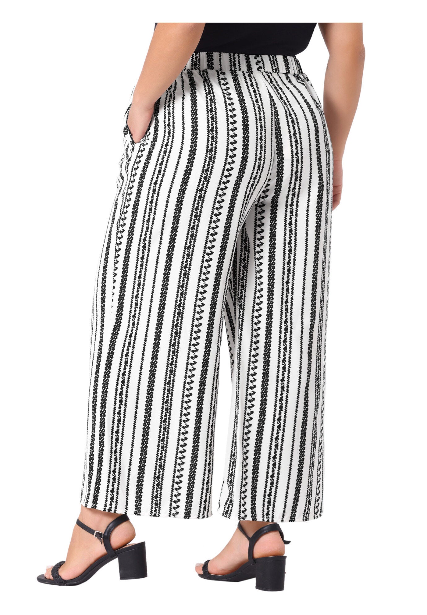 STRIPE BOHO WIDE LEG PAPER BAG PALAZZO PANTS, White Black / White, alternate image number 3