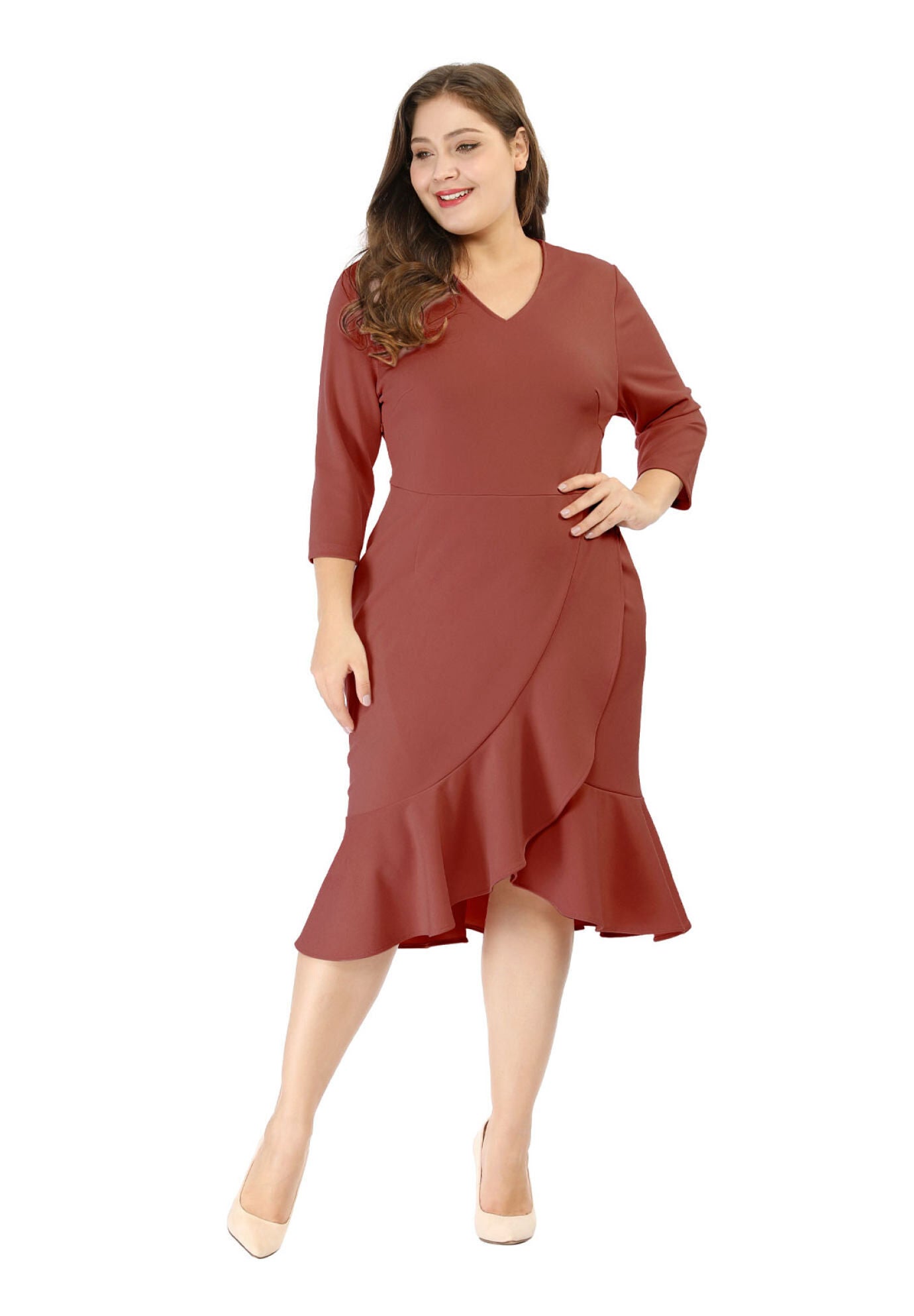 Ruffled 3/4 Sleeve Office Work Cocktail Wrap Dress, Brick Red / Burnt Orange, alternate image number 2