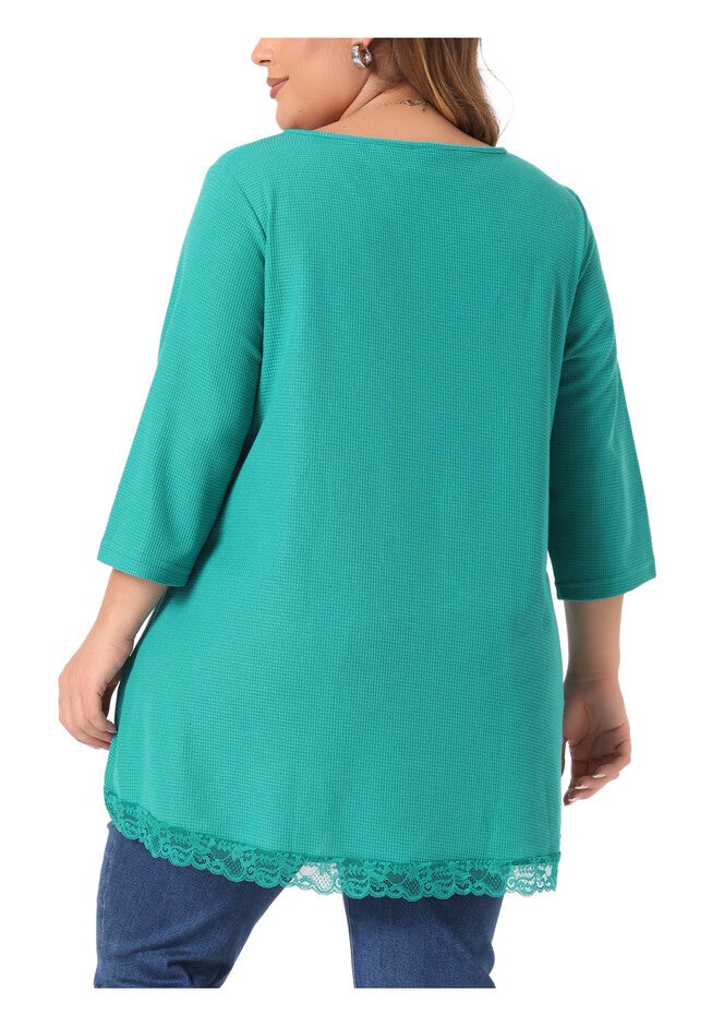 Waffle 3/4 Sleeve Lace Panel Loose High Low Hem Blouse Top, Blue Green / Turquoise, alternate image number null