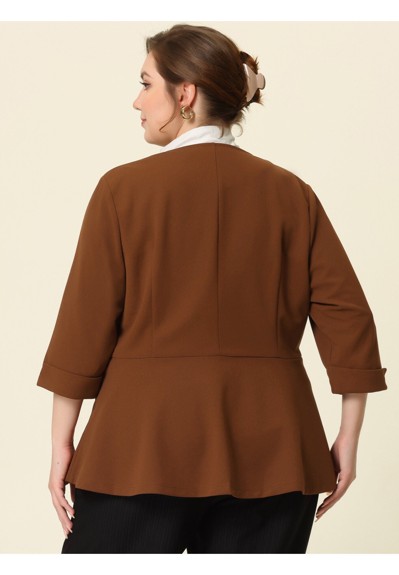 NOTCHED LAPEL PEPLUM JACKET SUIT BLAZER, Brown / Brown, alternate image number 3