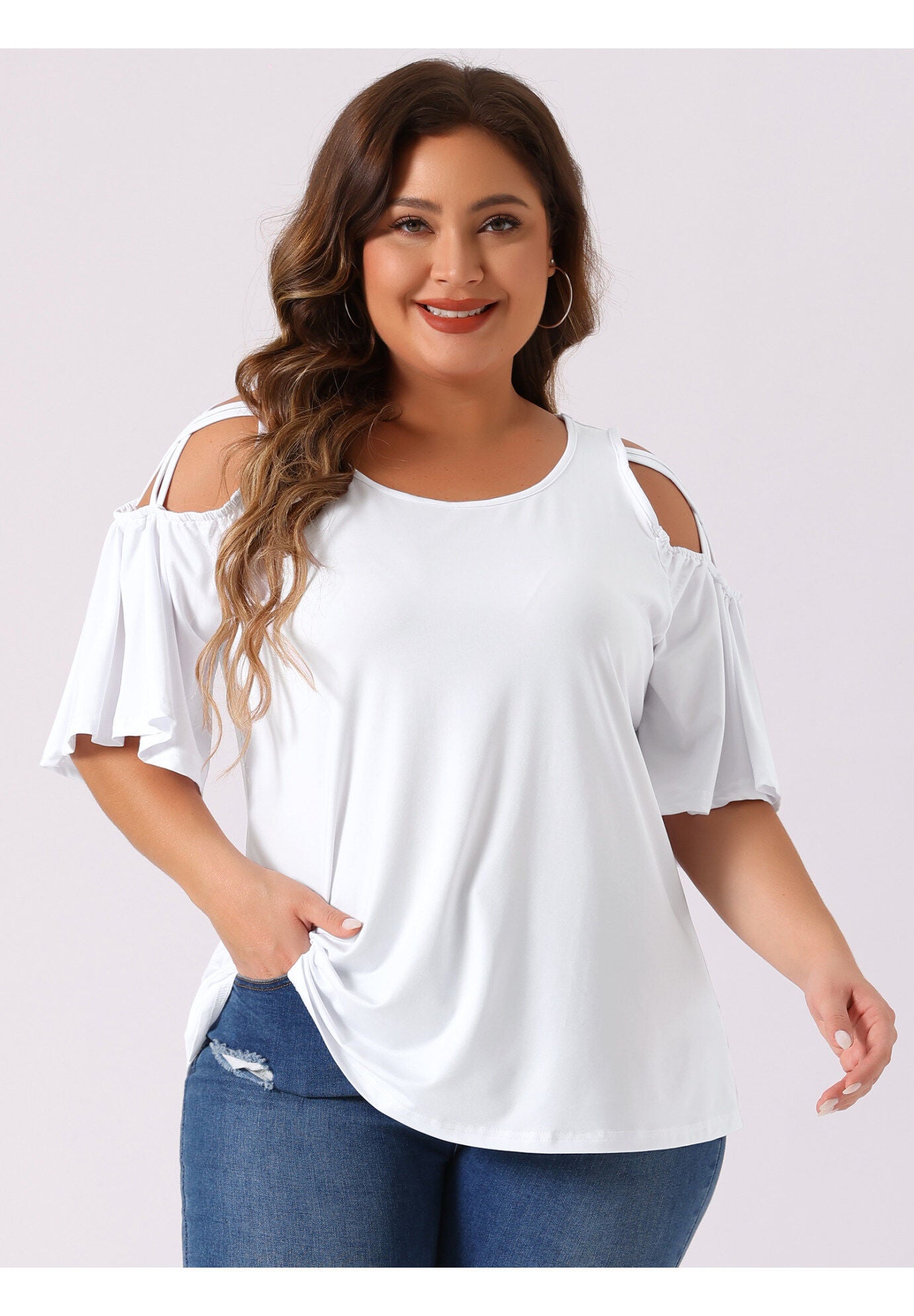 Cold Shoulder Bell Sleeve Summer Top, White / White, alternate image number 1