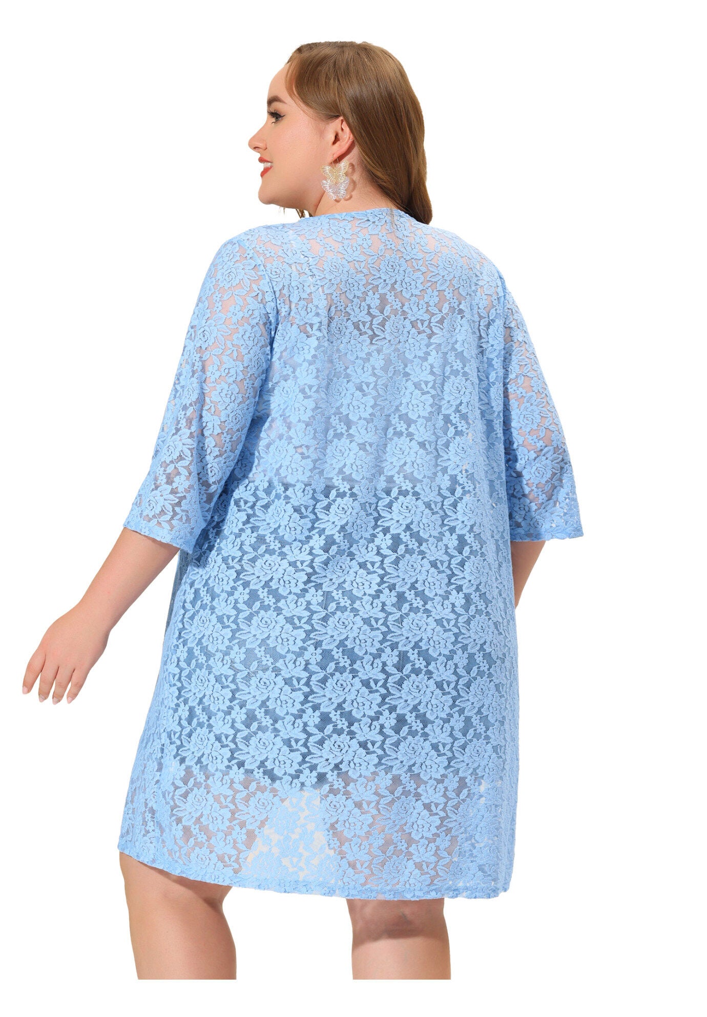 LACE CROCHET 3/4 SLEEVE COVER UP CARDIGAN, Light Blue / Light Blue, alternate image number 3
