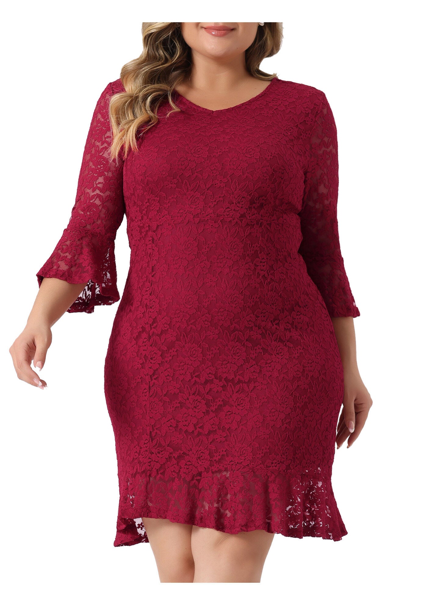 Ruffle Sleeves Cocktail Bodycon Dress, Burgundy / Burgundy, alternate image number 2