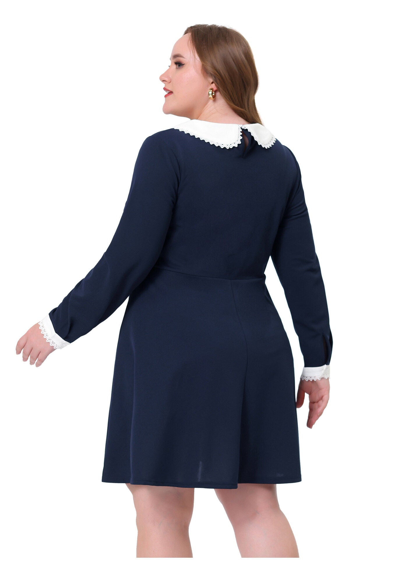 LONG SLEEVE DOLL PETER PAN COLLAR FLARE MIDI DRESS, Navy Blue / Navy, alternate image number 3