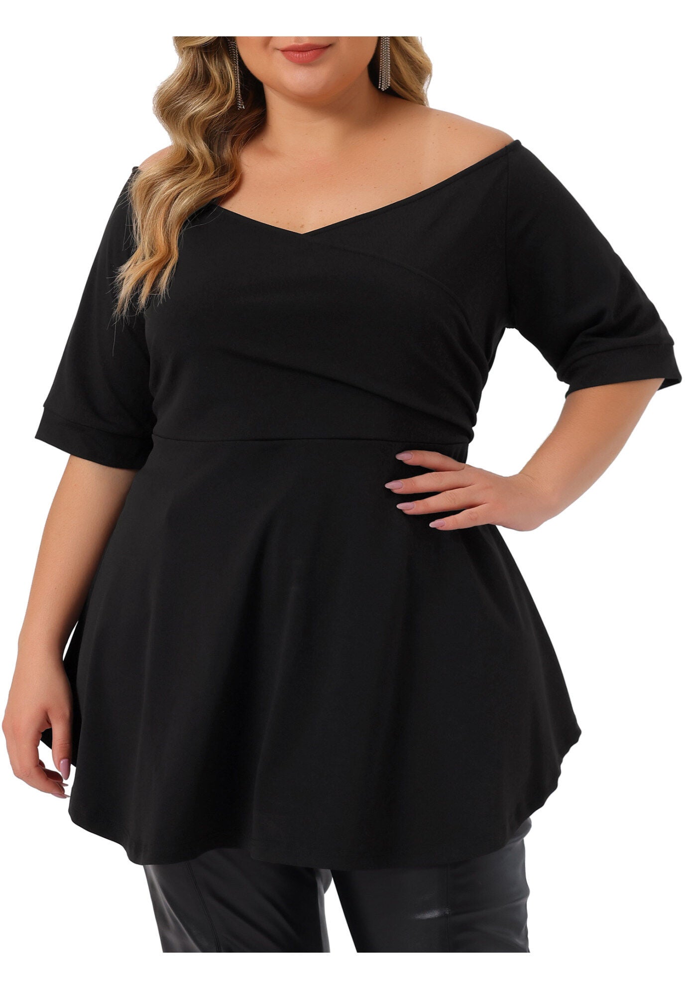 V NECK SHORT SLEEVE RUCHED PEPLUM BLOUSE TOP, Black / Black, alternate image number 2