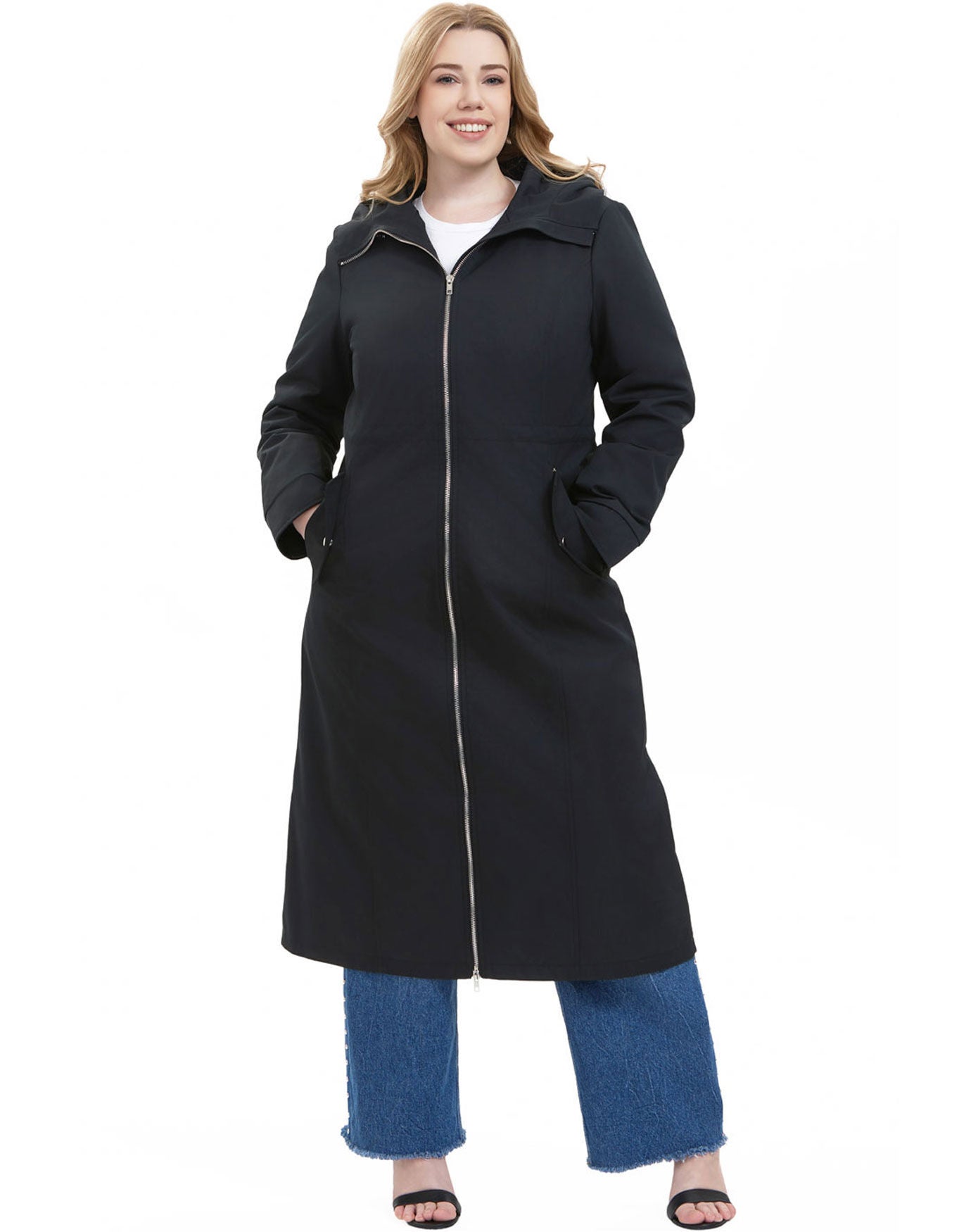 Hooded Zip-Out Lined Long Raincoat, Black, hi-res image number 0