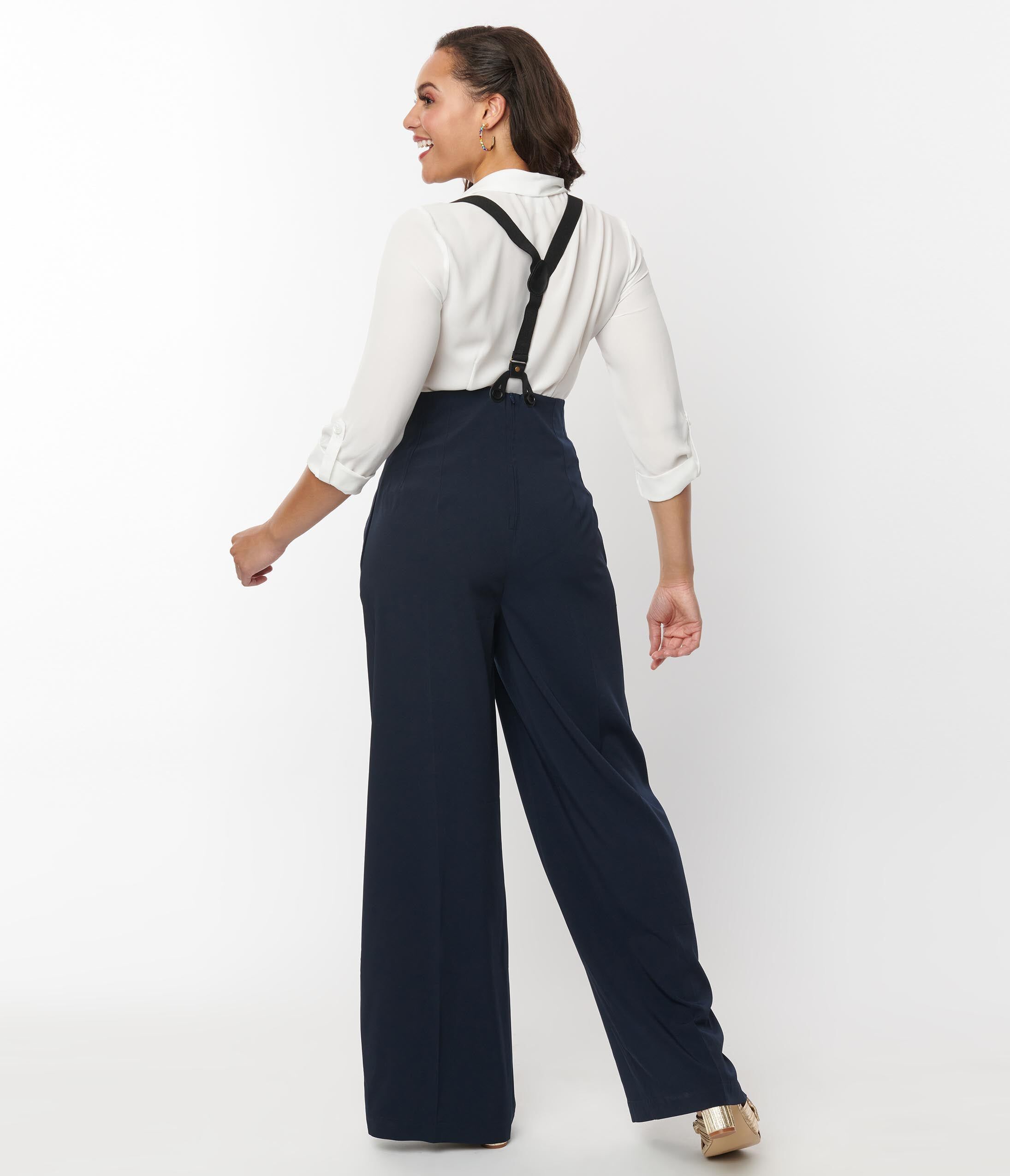 UNIQUE VINTAGE NAVY HIGH WAIST SUSPENDER PANTS, , alternate image number 6