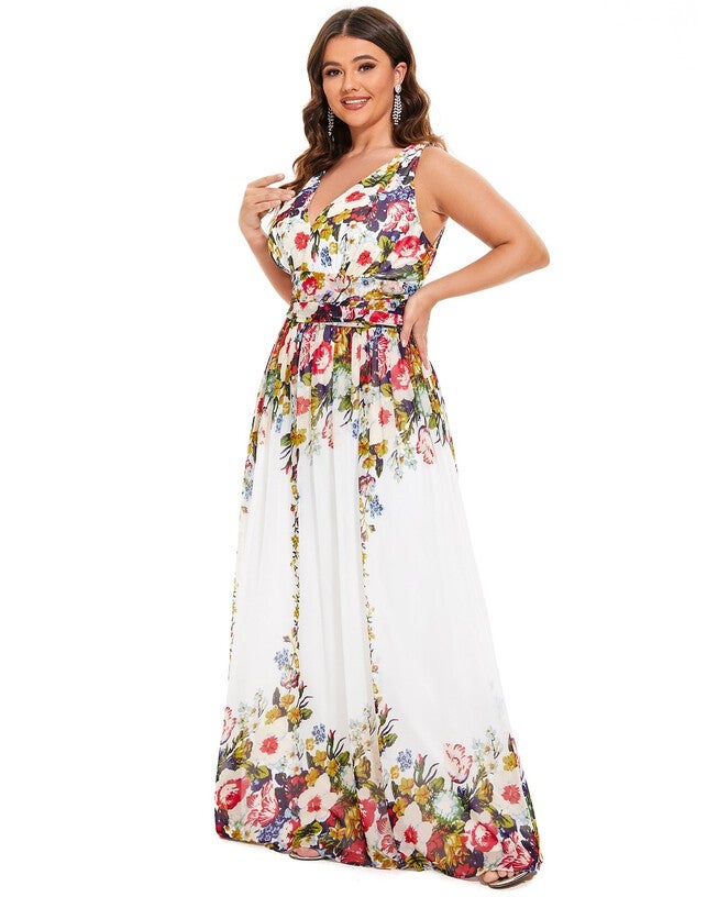 Pleated Sleeveless V-Neck Chiffon Maxi Dress, Printed Cream / Cream, alternate image number 4