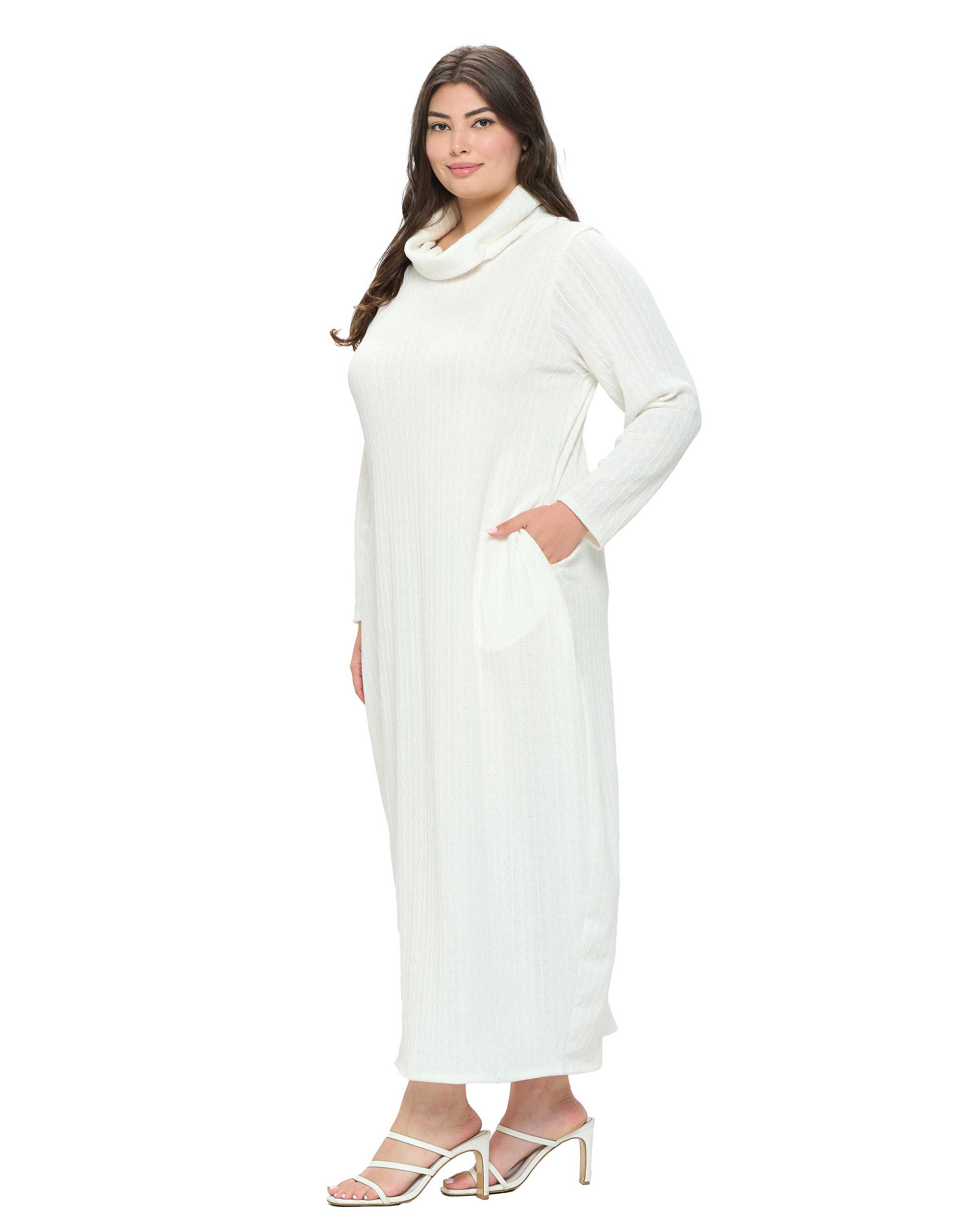 LANA COWL TURTLE NECK POCKET SWEATER DRESS, Ivory / Ivory, alternate image number 2