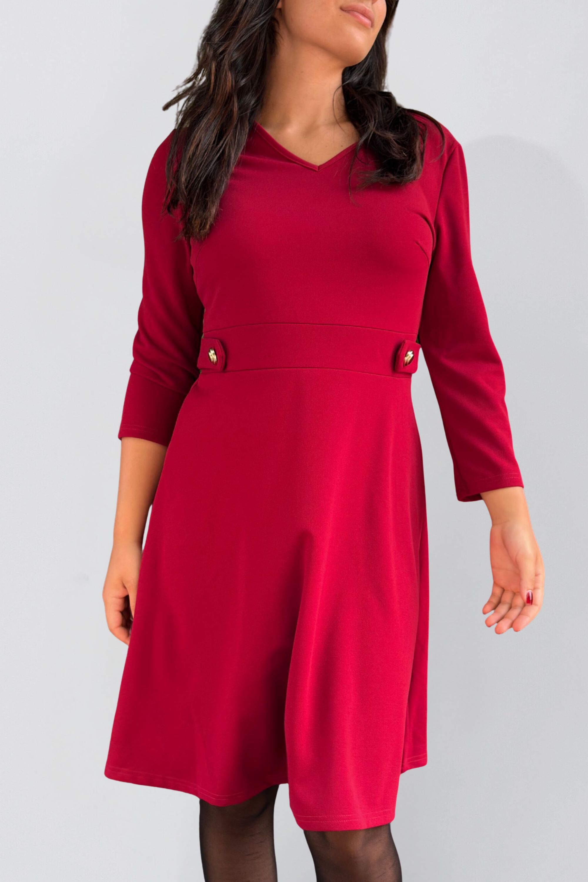 Nathalie A-Line Dress V-Neckline Structured Fit Gold Button Detail, RED / Red, hi-res image number 0