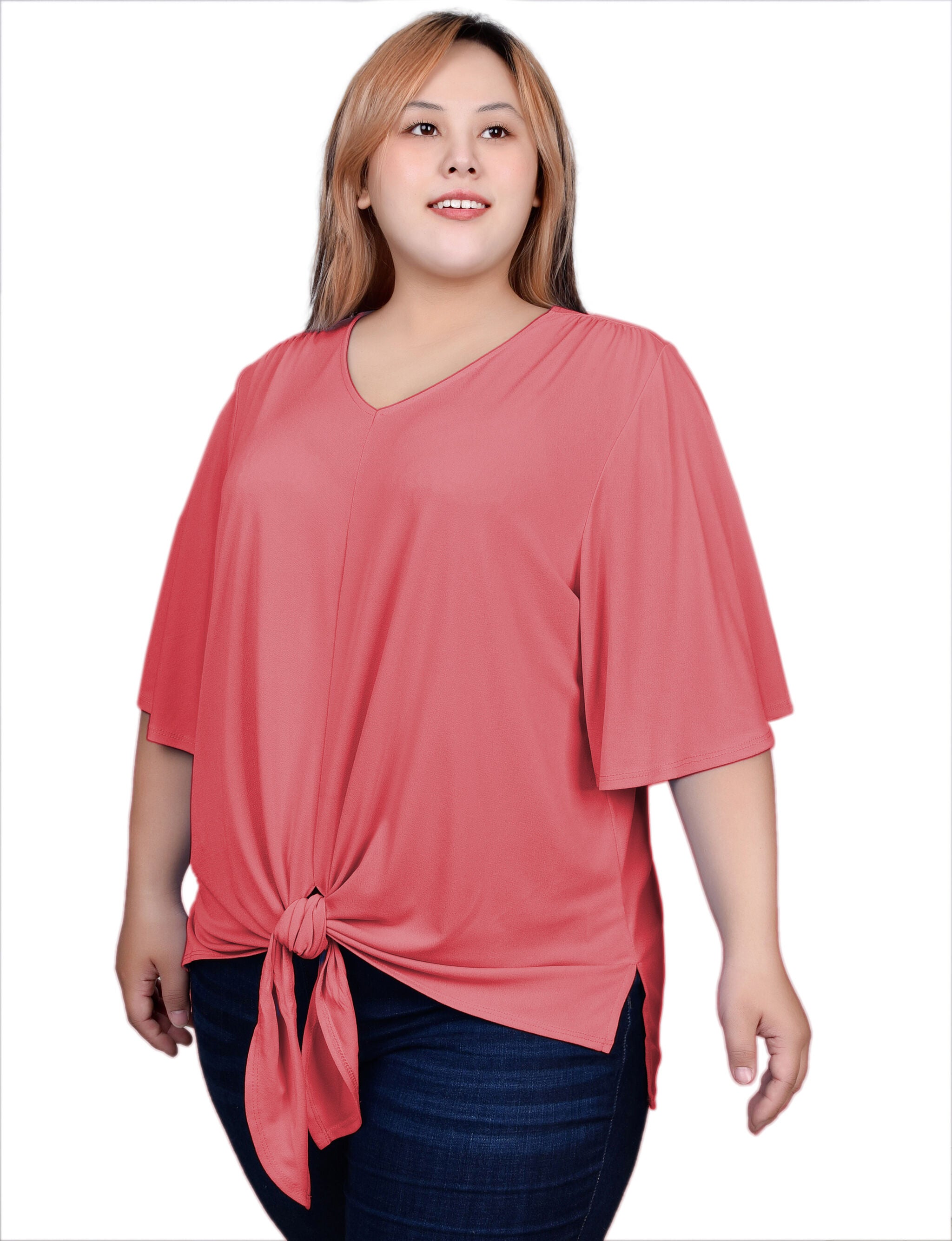 Elbow Sleeve Tie-Front Top, , alternate image number 6