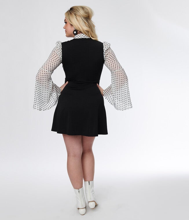 Smak Parlour Black & White Polka Dot Bell Sleeve Flare Dress, Black White / Black, alternate image number null