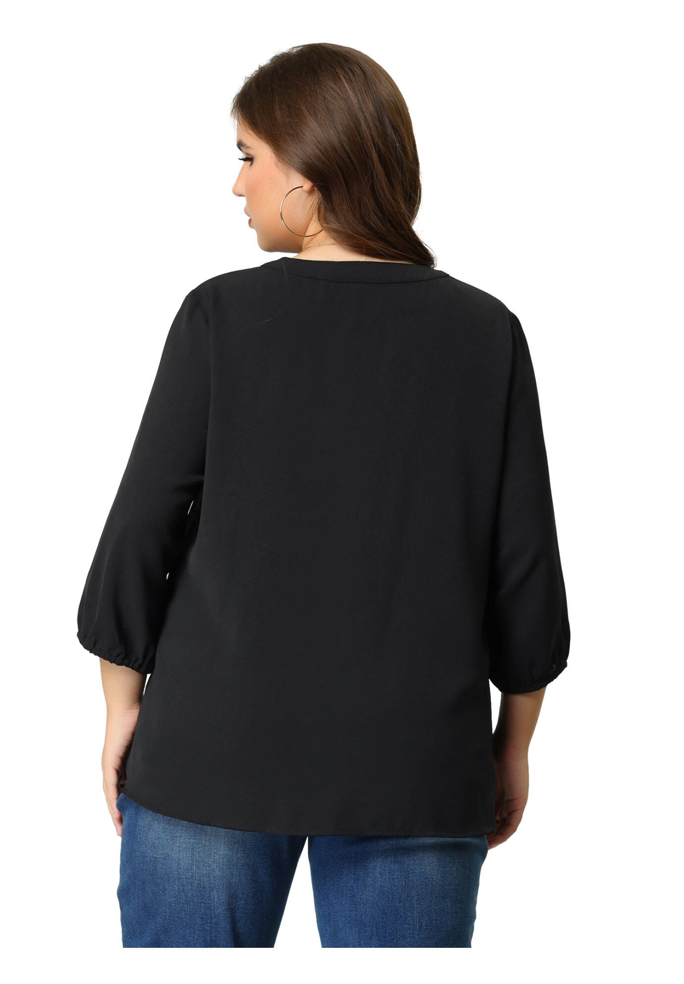 3/4 Sleeve Work Office Tie Front Ruffle Chiffon Blouse Top, Black / Black, alternate image number 3