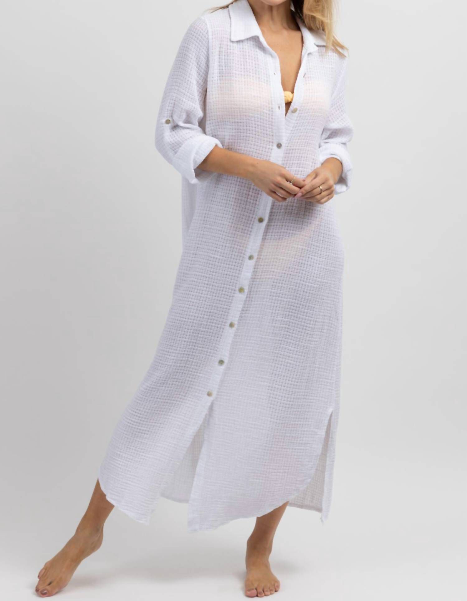GAUZE MAXI SHIRT DRESS IN BRIGHT WHITE, Bright White / White, alternate image number 1