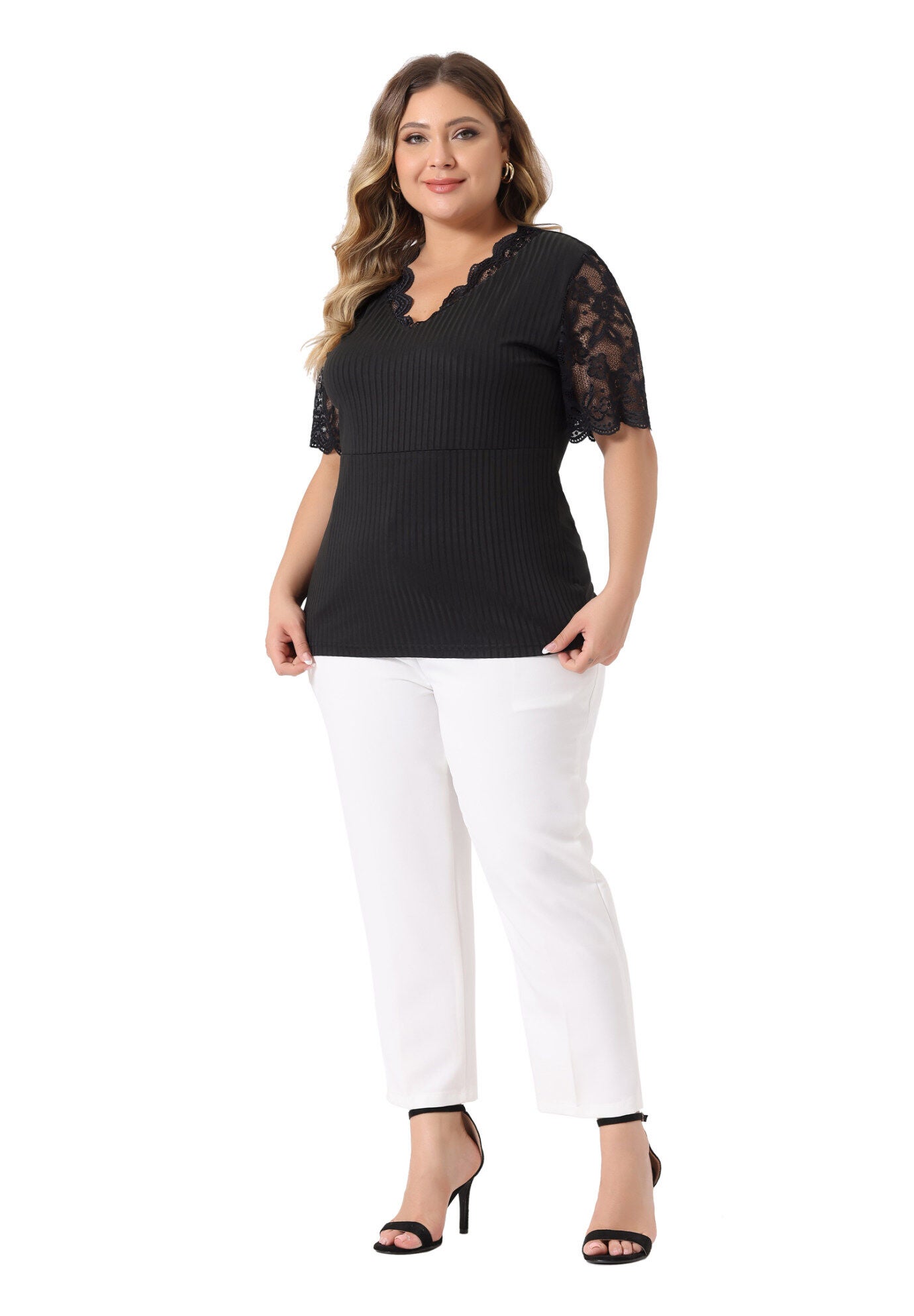 V Neck Short Sleeve Lace Ribbed Knit Tunic Top, Black / Black, hi-res image number 0