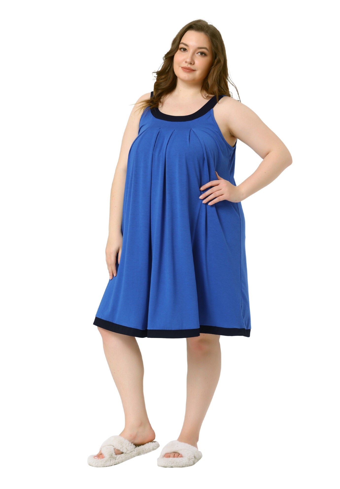 SLEEVELESS SLEEPWEAR WIDE STRAP SLEEPSHIRTS PLEATED SCOOPNECK NIGHTSHIRT, Royal Blue / Royal Blue, hi-res image number 0