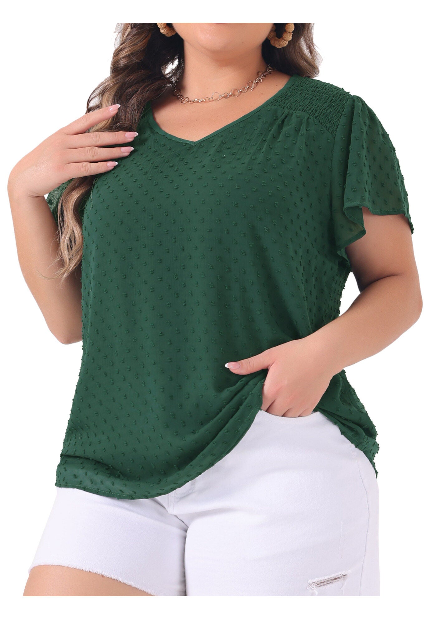 Pin Dots Smocked Flare Sleeve Blouses Tee Top, Dark Green / Hunter Green, alternate image number 2