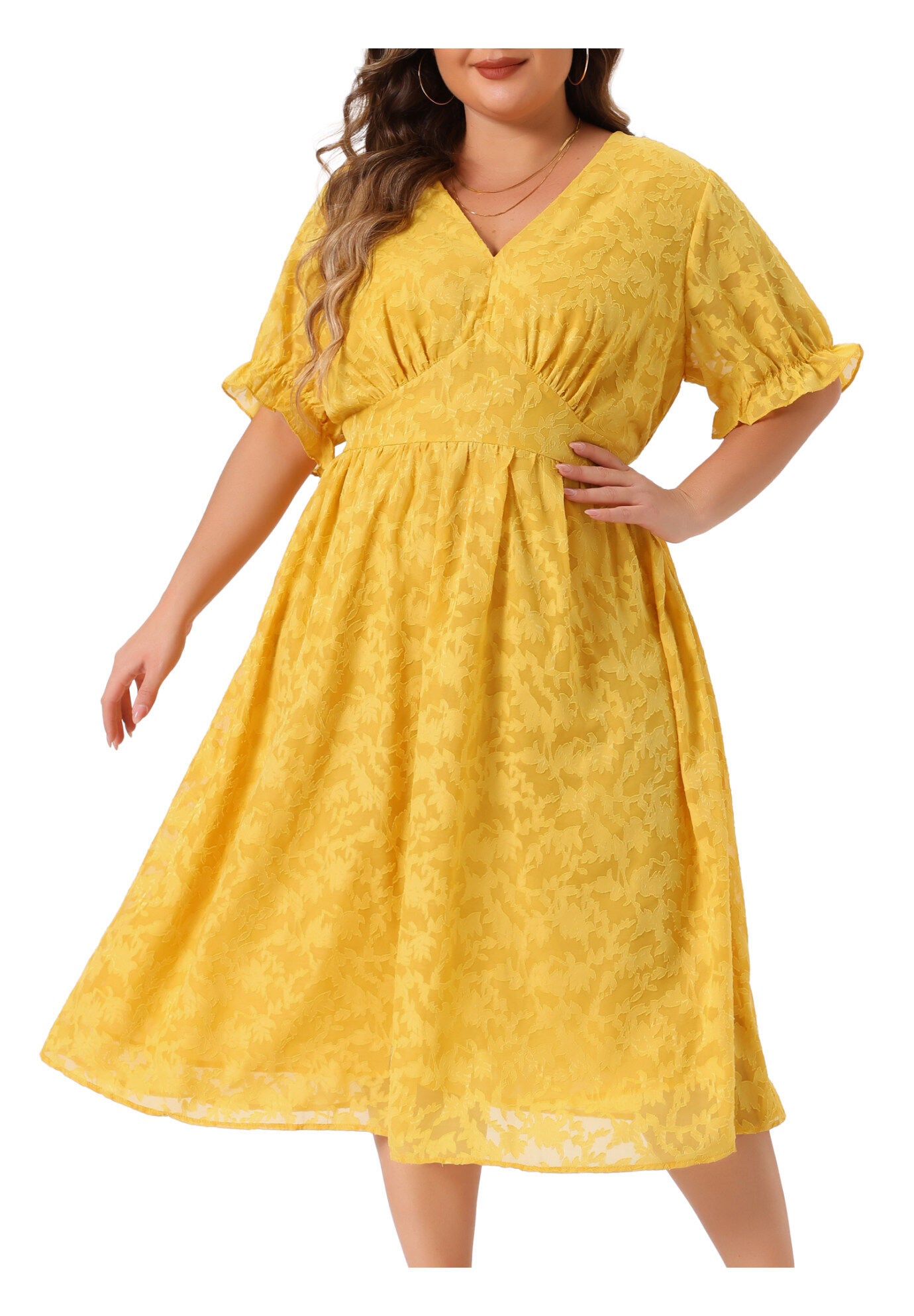LACE FLORAL RUFFLE SHORT SLEEVE V NECK MIDI DRESS, Yellow / Yellow, alternate image number 3