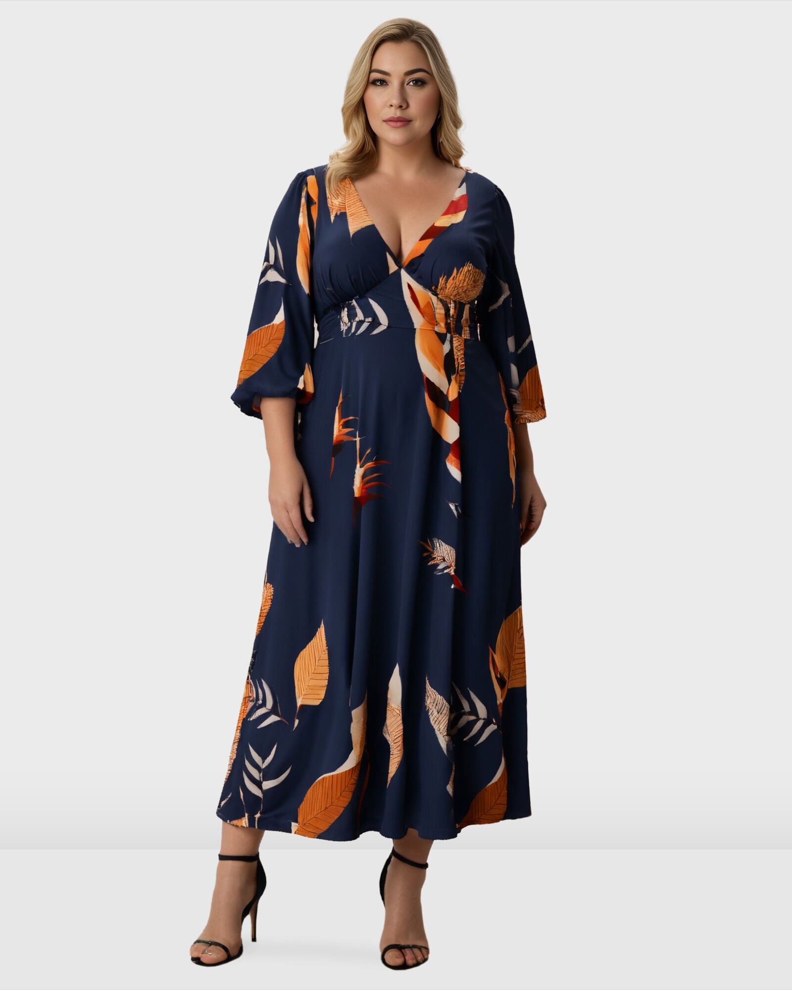 Leaf Print Crepe Banded Empire Dress, Navy / Navy, hi-res image number 0