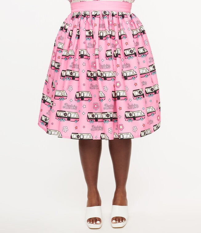 Barbie x Unique Vintage 1970s Pink Barbie Bus Gellar Swing Skirt, Pink Barbie Bus Print / Pink, alternate image number 1