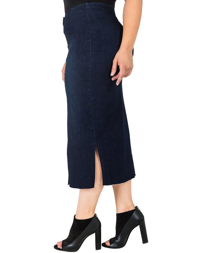 Plus Size Elain Indigo Denim Snap Button Up Midi Pencil Skirt - Frayed Hem, , alternate image number null