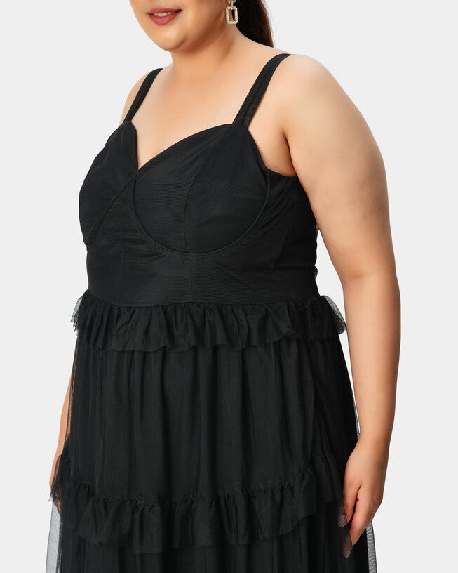 Corset-style sheer tulle maxi tiered dress, Black / Black, alternate image number 3
