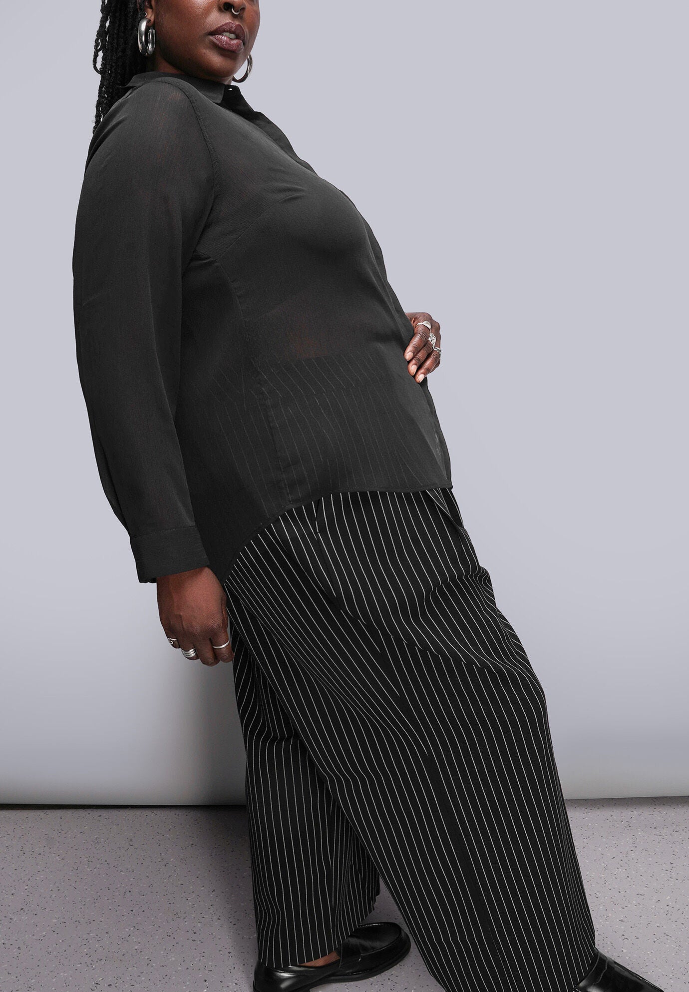 The Empower Sheer Long Sleeve Button Up, BLACK / Black, alternate image number 1