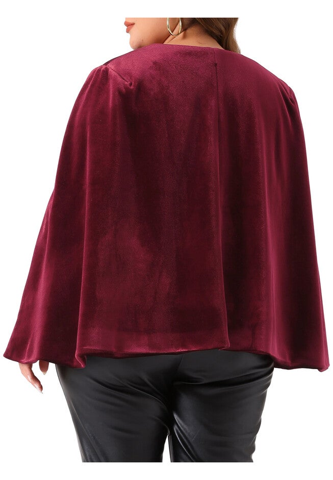 ELEGANT SPLIT OPEN FRONT VELVET CAPE BLAZER, Burgundy / Red, alternate image number 3