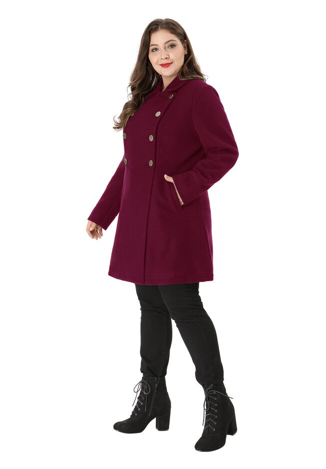 A-Line Peter Pan Collar Double Breasted Peacoat, Burgundy / Burgundy, alternate image number 3
