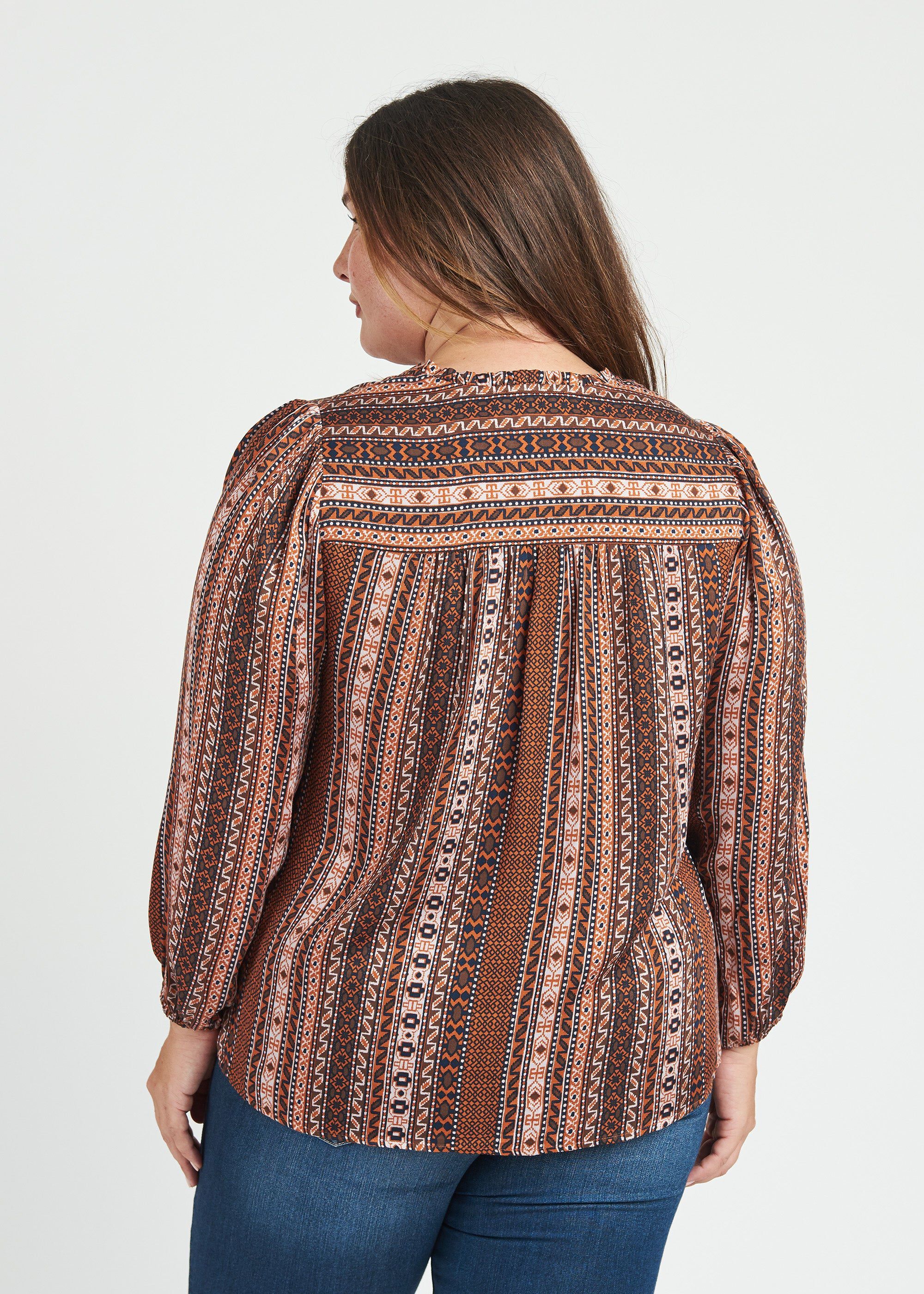 Taliyah Long Sleeve Top with Split-Neck and Tassels, N408 Rust / Rust, alternate image number 3