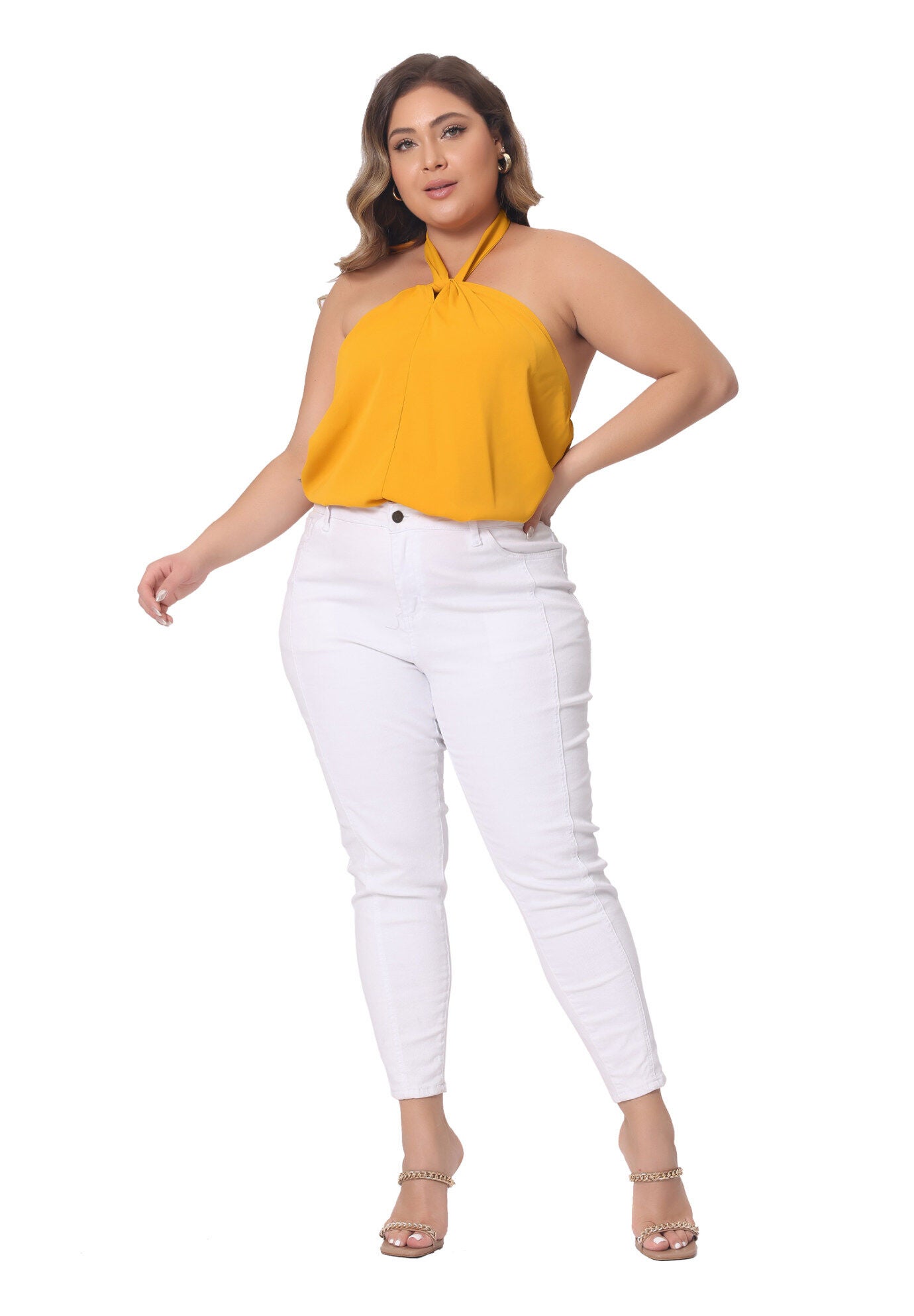 Self Tie Halter Neck Suspender Vest Sleeveless Camisole, Orange / Yellow, hi-res image number 0