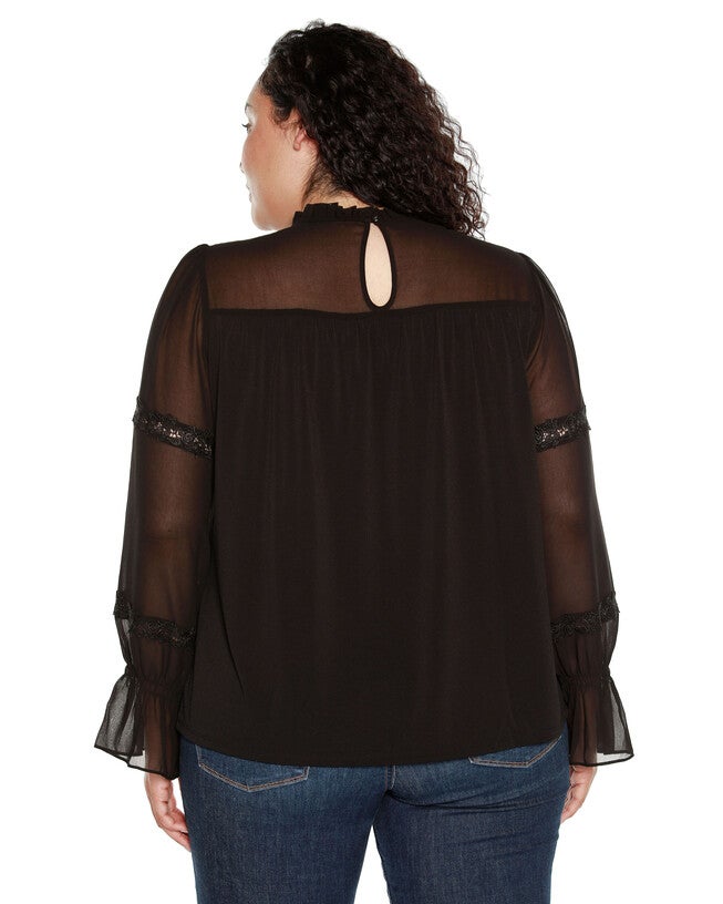 MIXED MEDIA BLOUSON-SLEEVE TOP, Black / Black, alternate image number 1