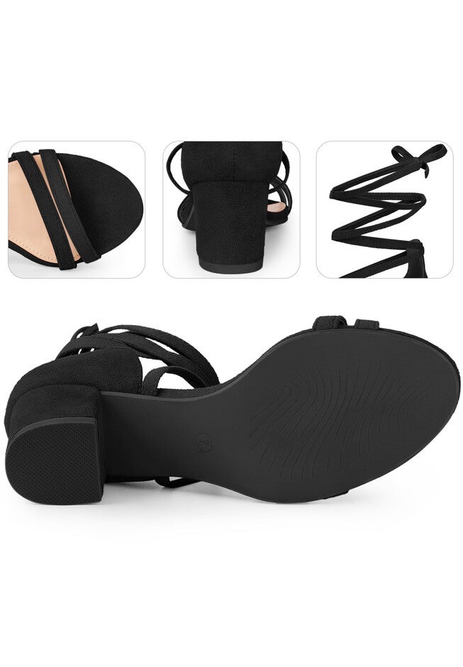 Open Toe Color Block Heel Tie Up Sandals, Black / Black, alternate image number null