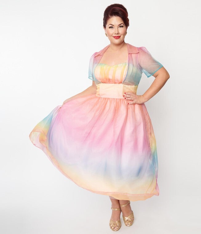 Unique Vintage Plus Size Pastel Rainbow Ombre Libby Swing Dress, Rainbow / Pink, alternate image number null