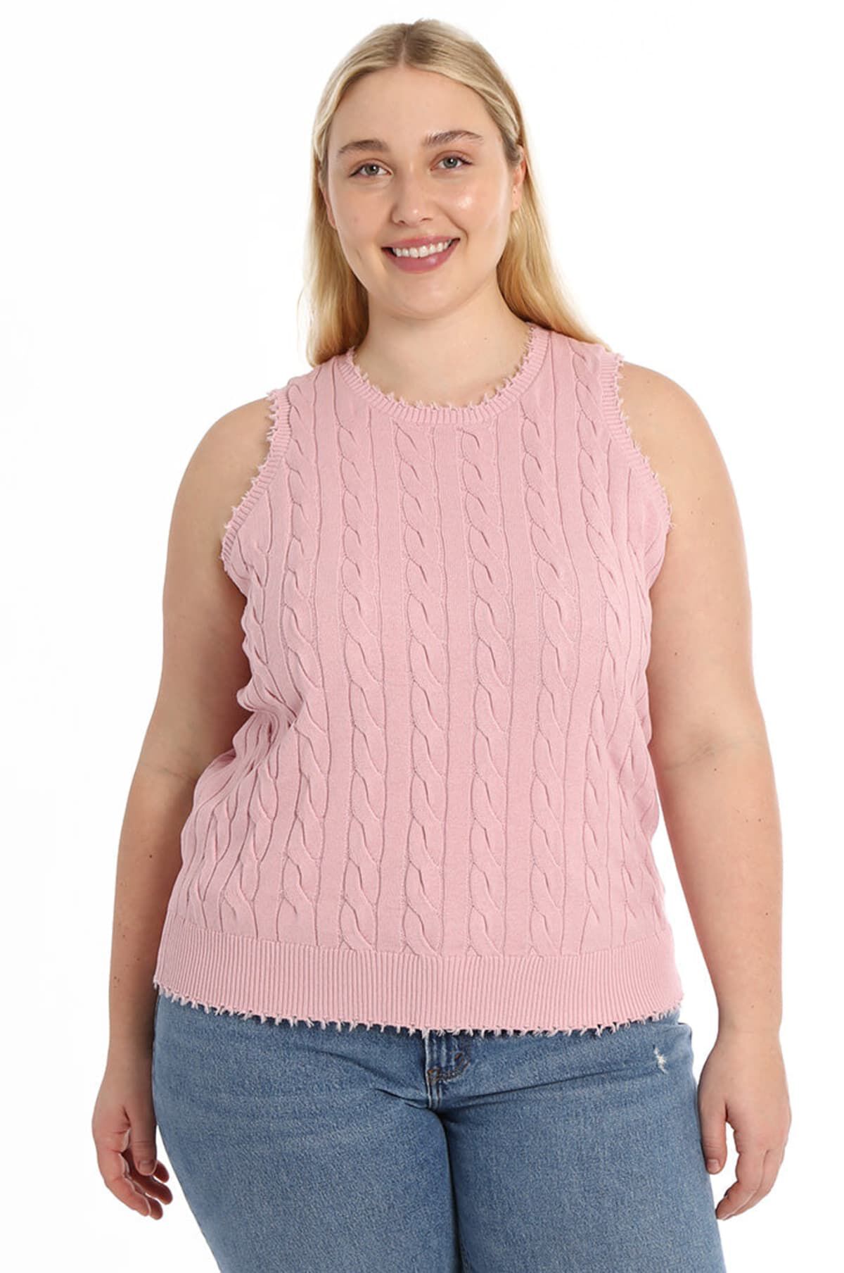Cotton frayed edge cable tank, Pink Pearl / Pink, hi-res image number 0