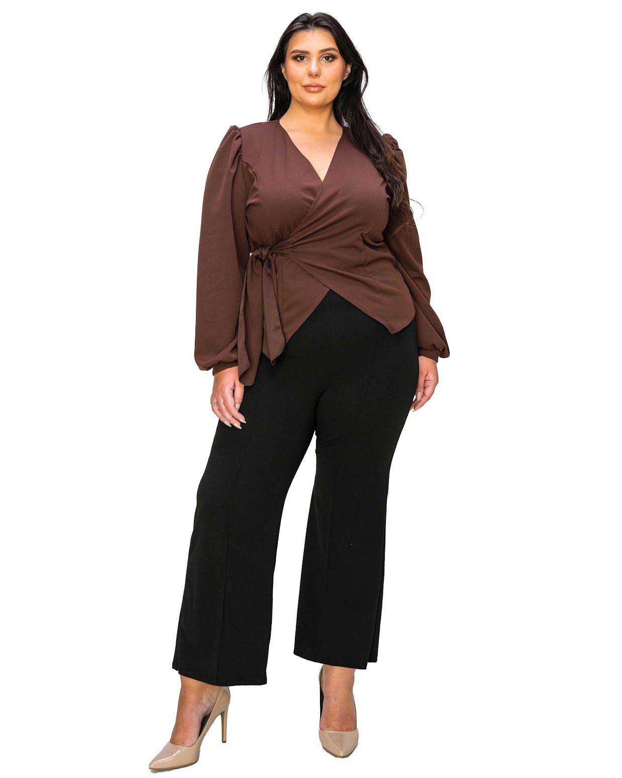 YELENA CREPE WRAP TOP, Lt Brown / Brown, hi-res image number 0